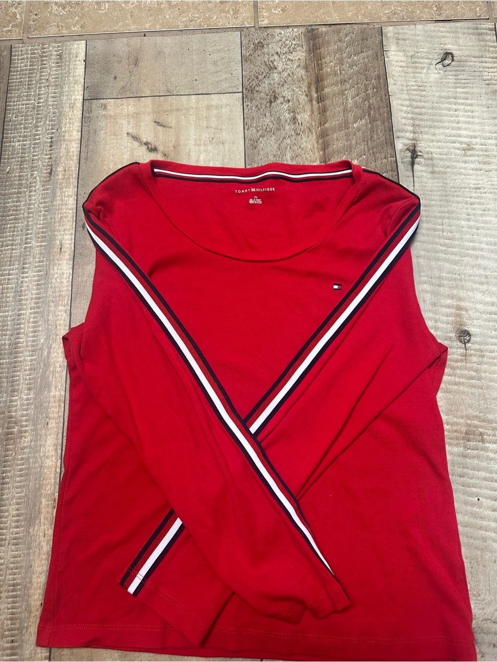 Tommy Hilfiger Red Long-Sleeve Crew with Signature Stripe Trim